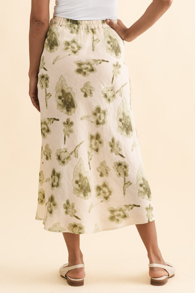 Modena Cream Floral Linen Midi Skirt,Brunette model,alt text|model:Cara image 5