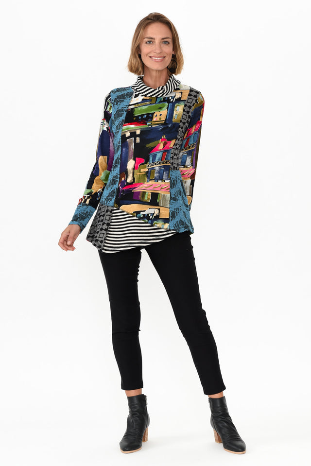 Moema Blue Abstract Turtle Neck Top