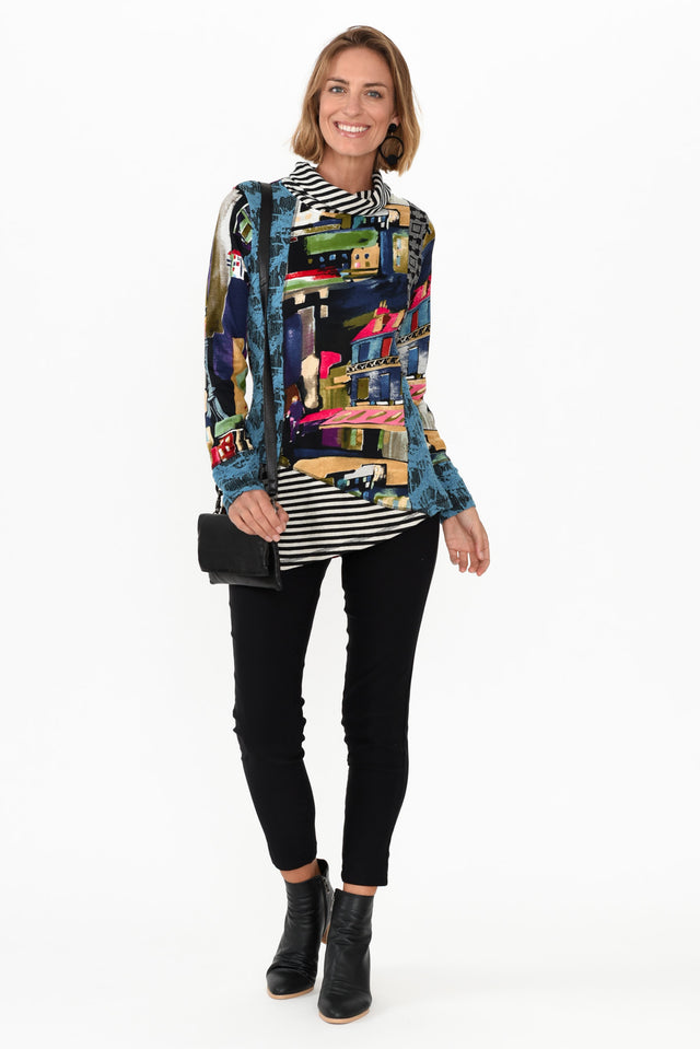 Moema Blue Abstract Turtle Neck Top