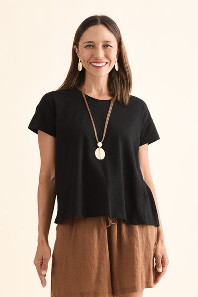 Monroe Black Cotton Pleated Tee