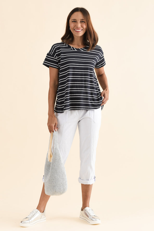 Monroe Navy Stripe Cotton Pleated Tee,Full Body,Brunette model,alt text|model:Cara