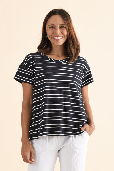 Monroe Navy Stripe Cotton Pleated Tee