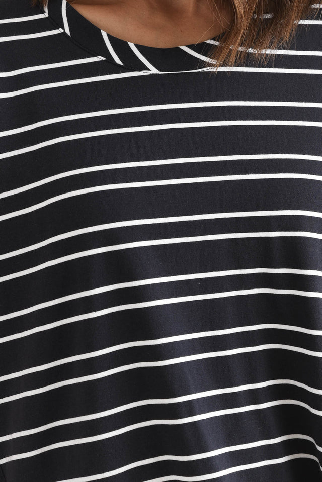 Monroe Navy Stripe Cotton Pleated Tee,Detail,Brunette model,alt text|model:Cara image 5