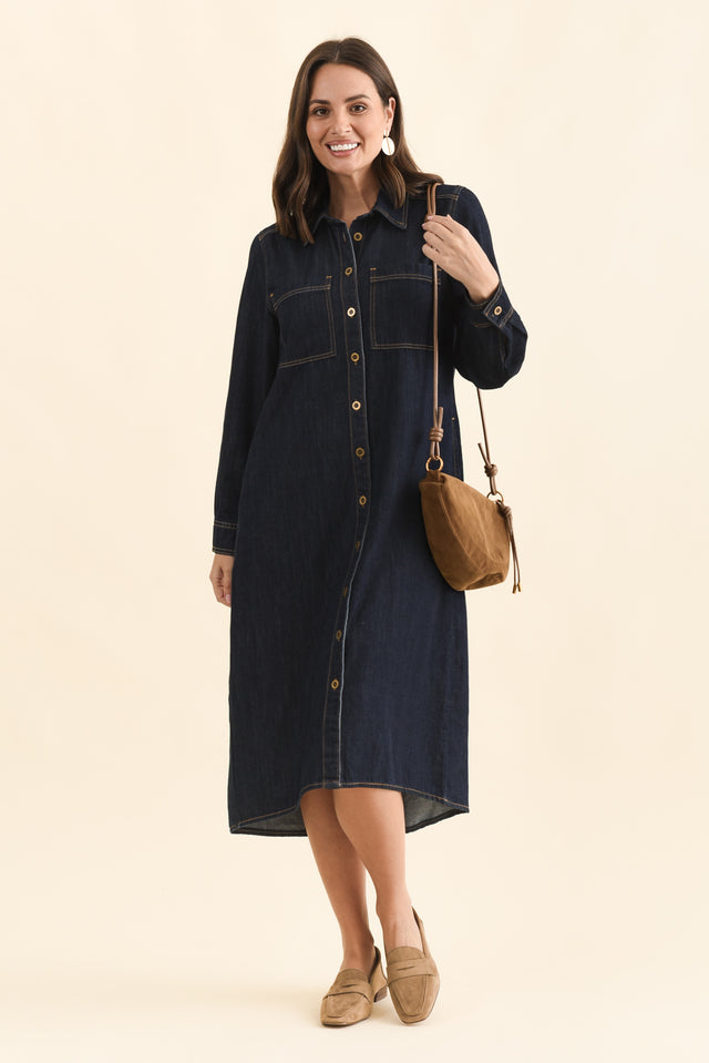 Montana Dark Blue Denim Shirt Dress,Front,Brunette model,alt text|model:MJ
