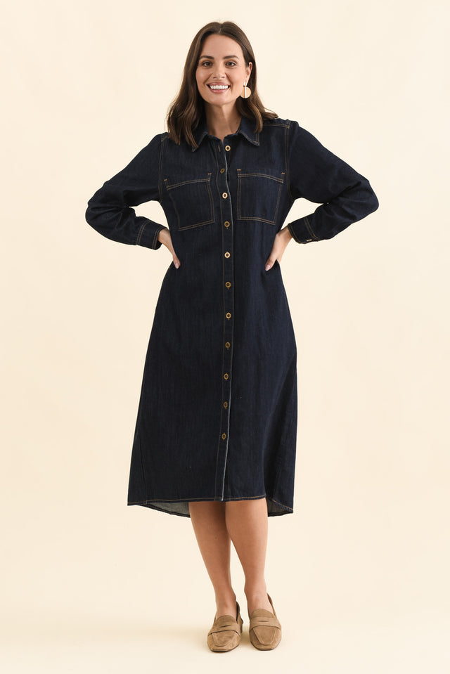 Montana Dark Blue Denim Shirt Dress,Full Body,Brunette model,alt text|model:MJ image 7