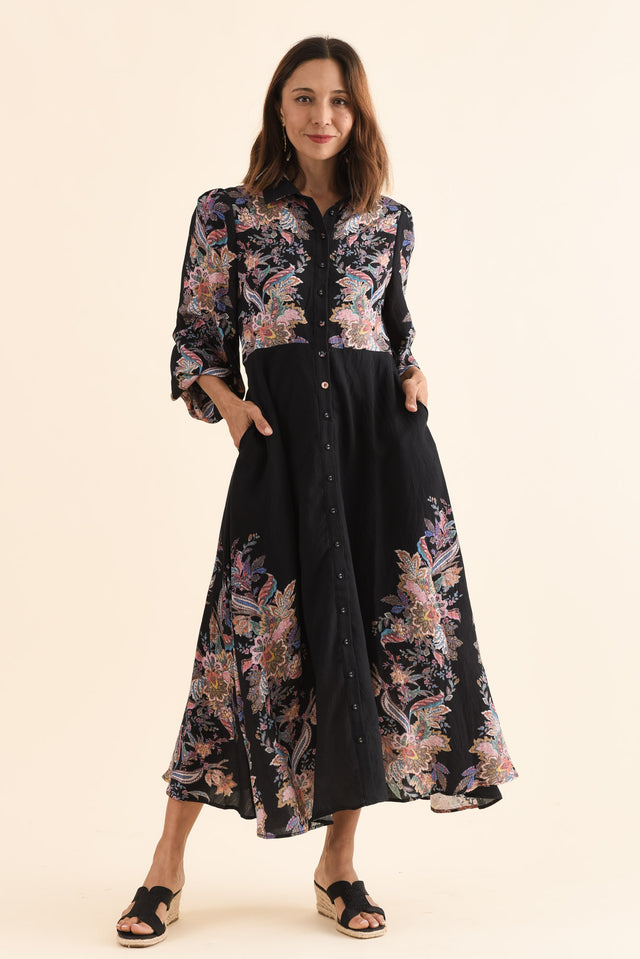 Moray Black Floral Shirt Dress,Full Body,Brunette model,alt text|model:Cara image 2