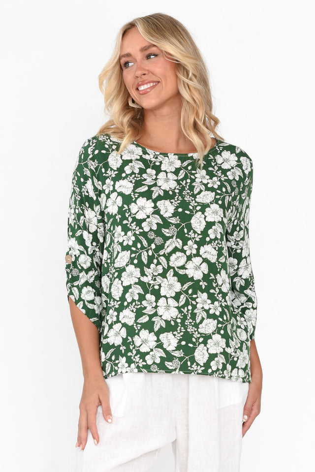 Moretti Emerald Wildflower Tulip Sleeve Top neckline_Round  alt text|model:Zoe;wearing:S