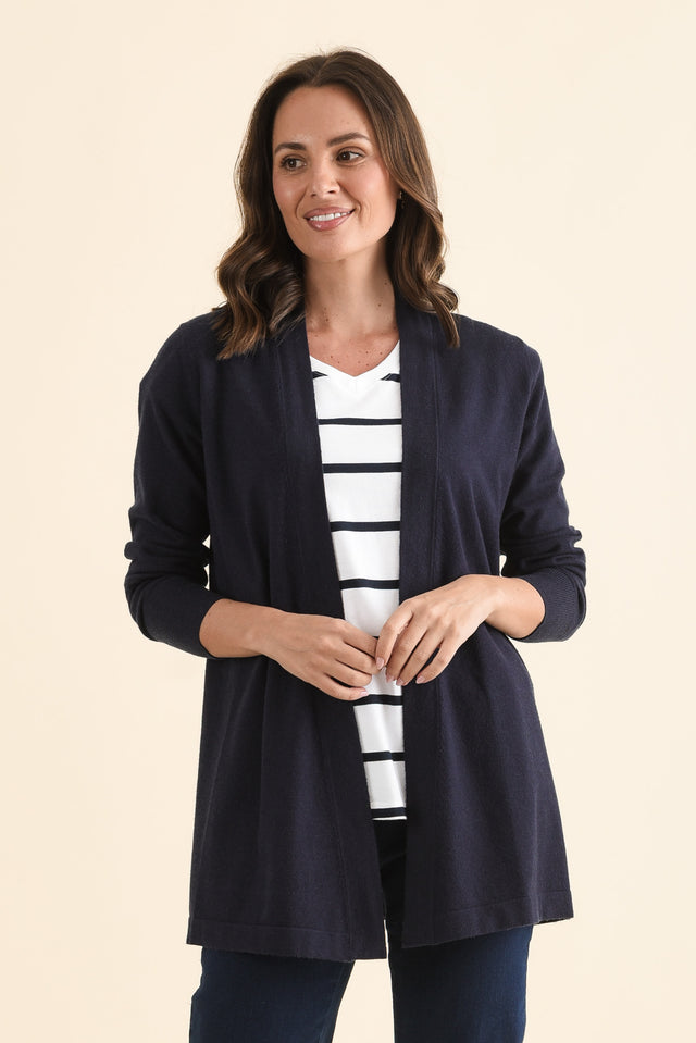 Morocco Navy Knit Cardigan,Front,Brunette model,alt text|model:MJ image 1