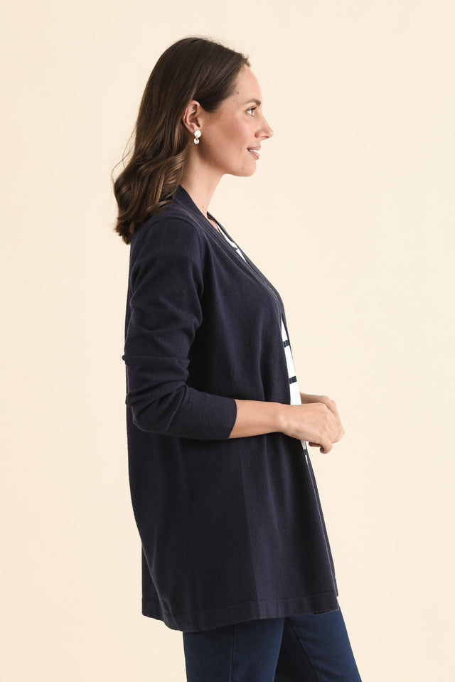 Morocco Navy Knit Cardigan,Side,Brunette model,alt text|model:MJ image 3