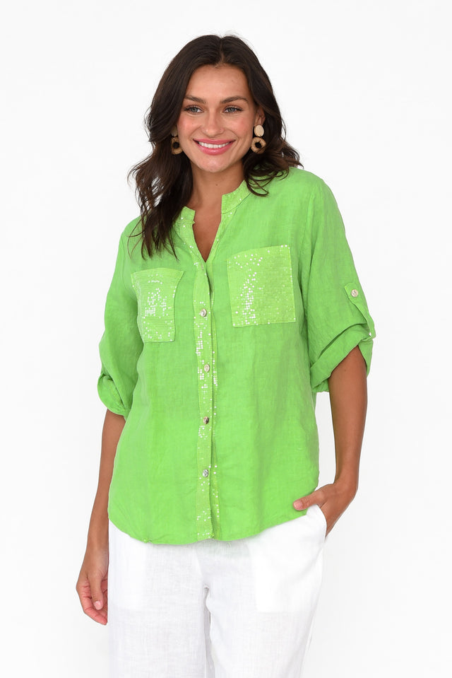 Morrigan Green Linen Sequin Shirt neckline_V Neck  alt text|model:Brontie;wearing:S/M image 1