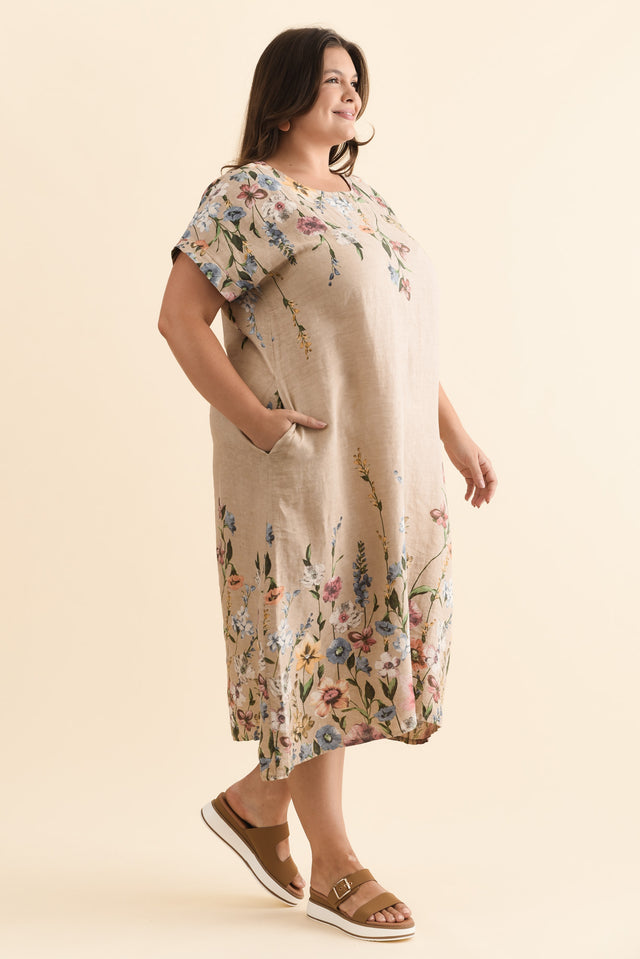 Morrison Beige Floral Linen Pocket Dress,Brunette model,alt text|model:Gabby image 10