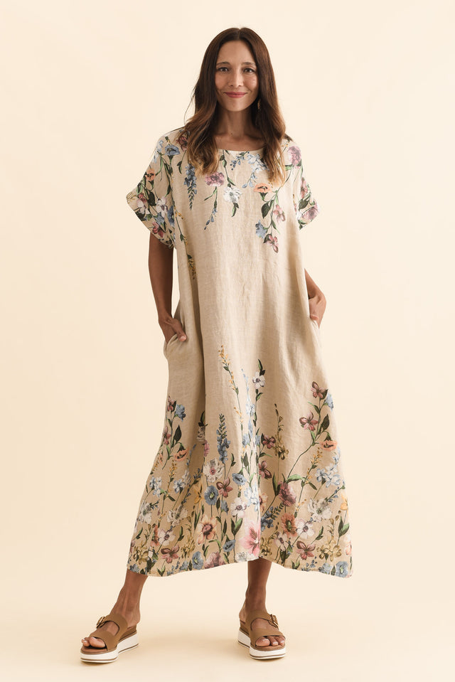 Morrison Beige Floral Linen Pocket Dress,Brunette model,alt text|model:Cara image 3