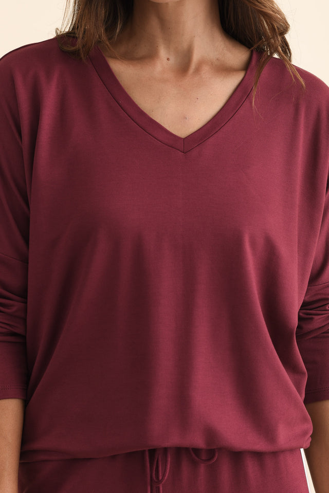Munich Burgundy V Neck Top,Brunette model,alt text|model:Cara image 7