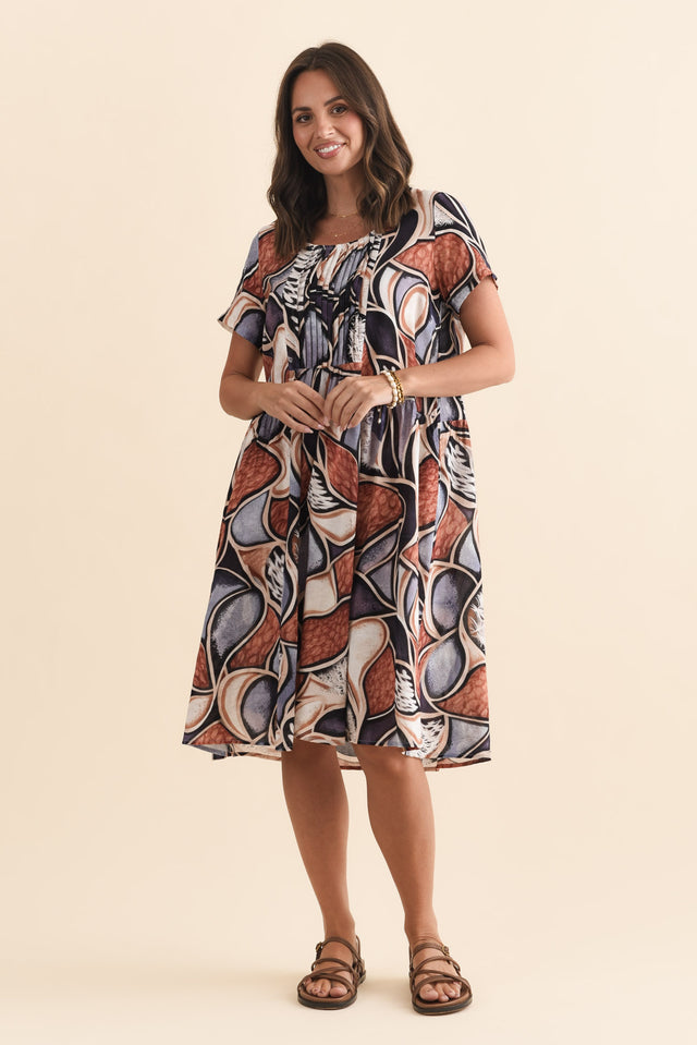 Murano Blue Abstract Cotton Dress,Brunette model,alt text|model:MJ image 3