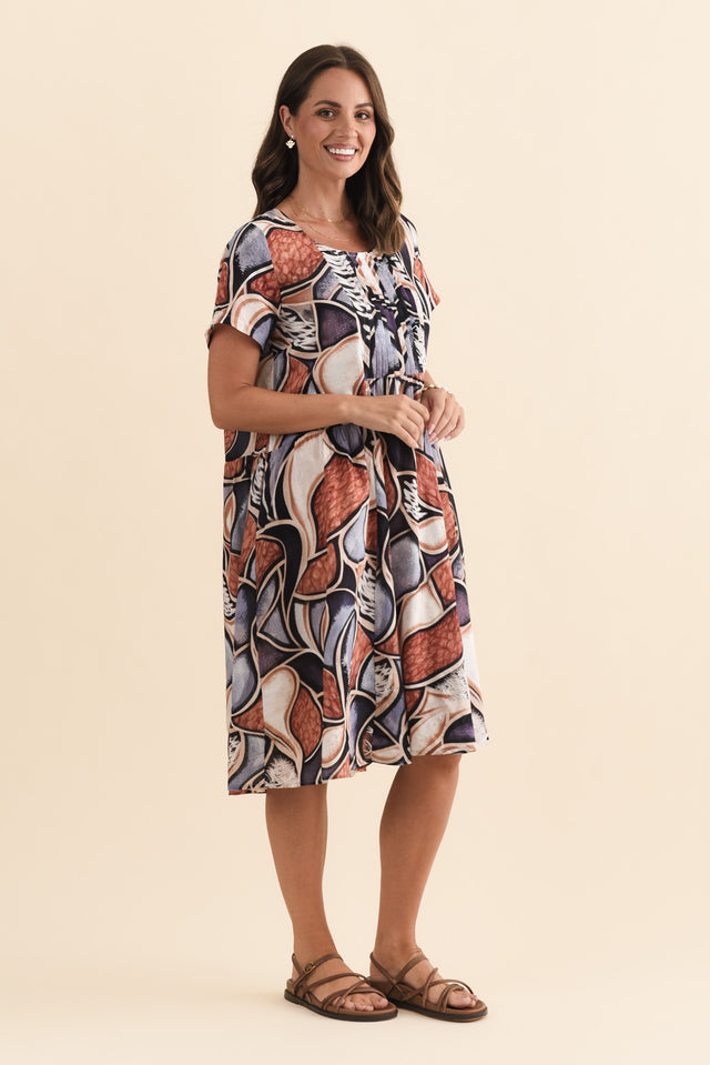 Murano Blue Abstract Cotton Dress,Brunette model,alt text|model:MJ image 4