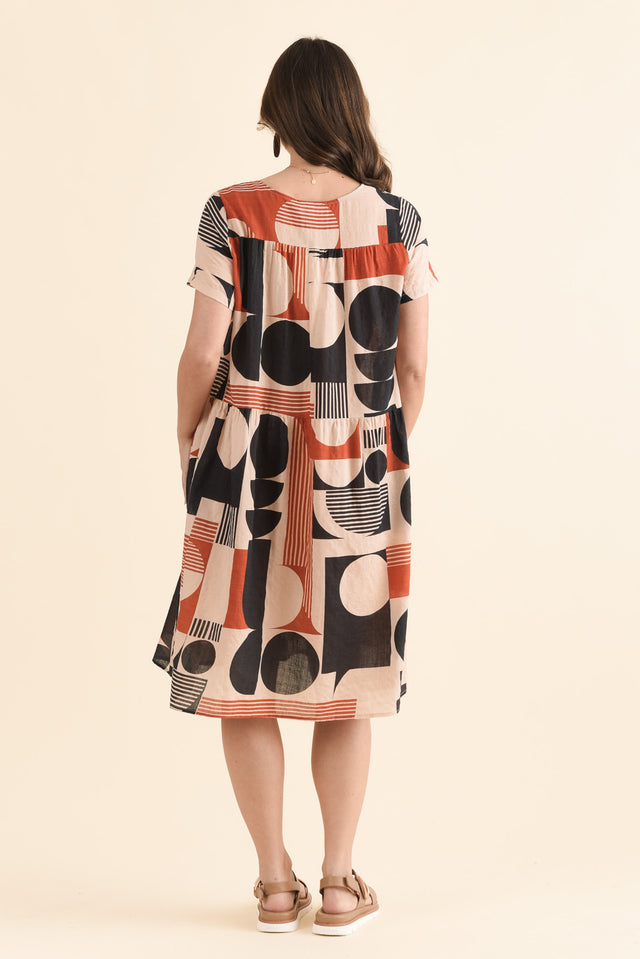 Murano Navy Abstract Cotton Dress,Back,Brunette model,alt text|model:MJ image 4
