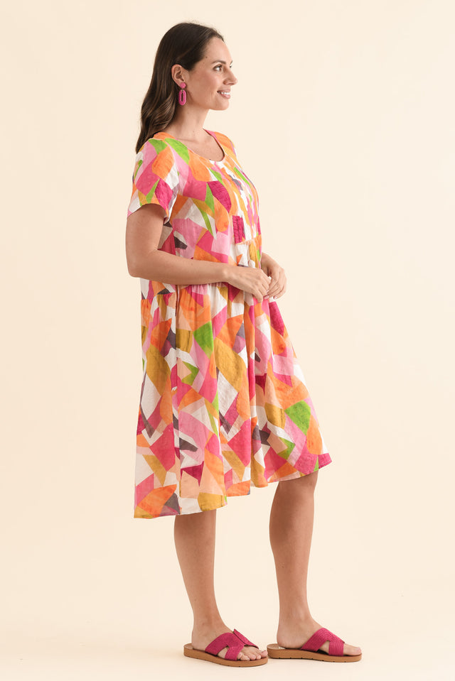Murano Pink Geo Cotton Dress,Side,Brunette model,alt text|model:MJ image 3