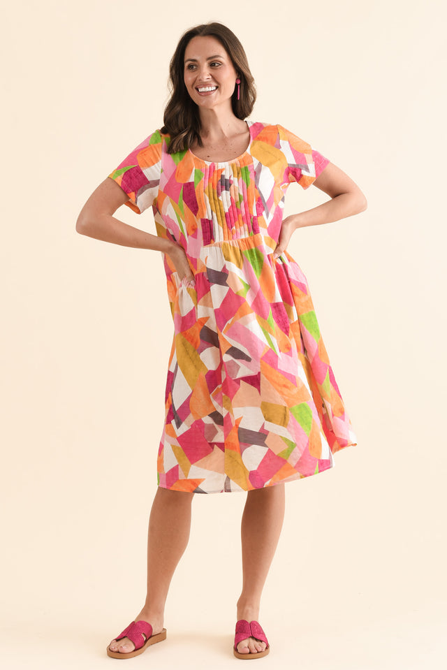 Murano Pink Geo Cotton Dress,Full Body,Brunette model,alt text|model:MJ image 6
