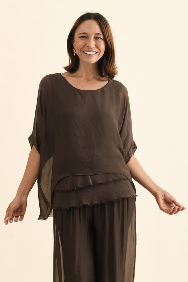 Myers Chocolate Silk Layer Top,Front,Brunette model,alt text|model:Cara