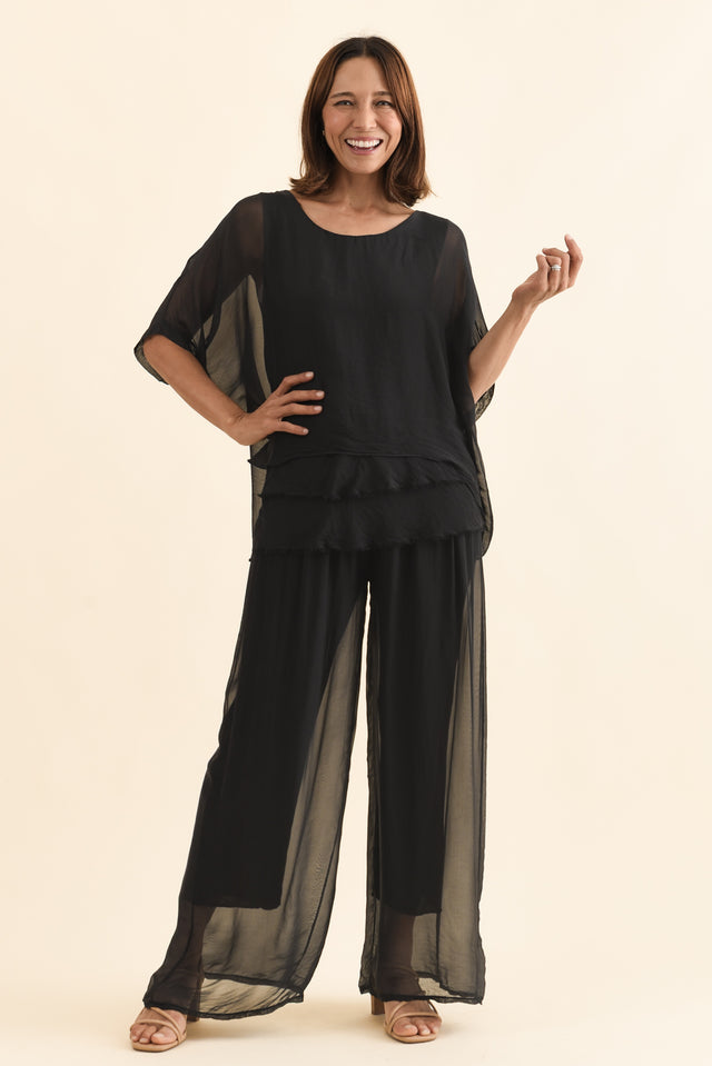 Mora Black Silk Layer Pants,Full Body,Brunette model,alt text|model:Cara image 2