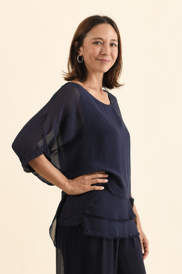Myers Navy Silk Layer Top,Full Body,Brunette model,alt text|model:Cara image 2