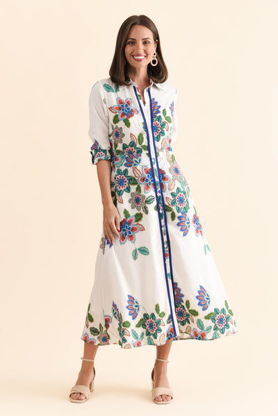 Myka White Floral Linen Cotton Shirt Dress