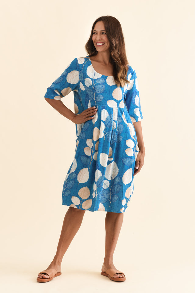 Myley Blue Leaf Linen Cotton Dress,Brunette model,alt text|model:Cara image 4