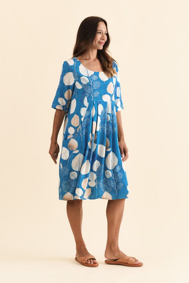 Myley Blue Leaf Linen Cotton Dress,Brunette model,alt text|model:Cara image 5