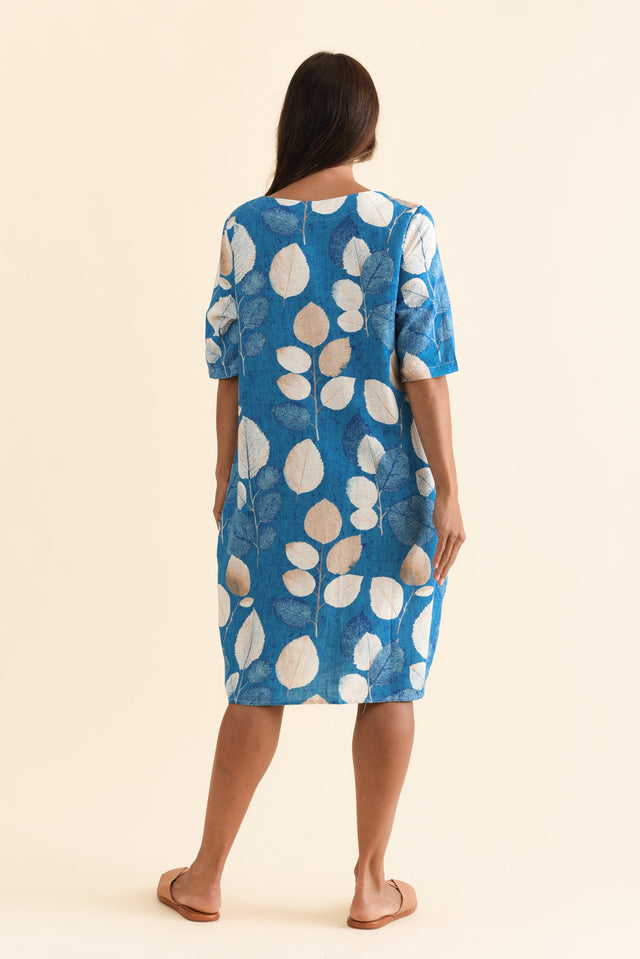 Myley Blue Leaf Linen Cotton Dress,Brunette model,alt text|model:Cara image 6