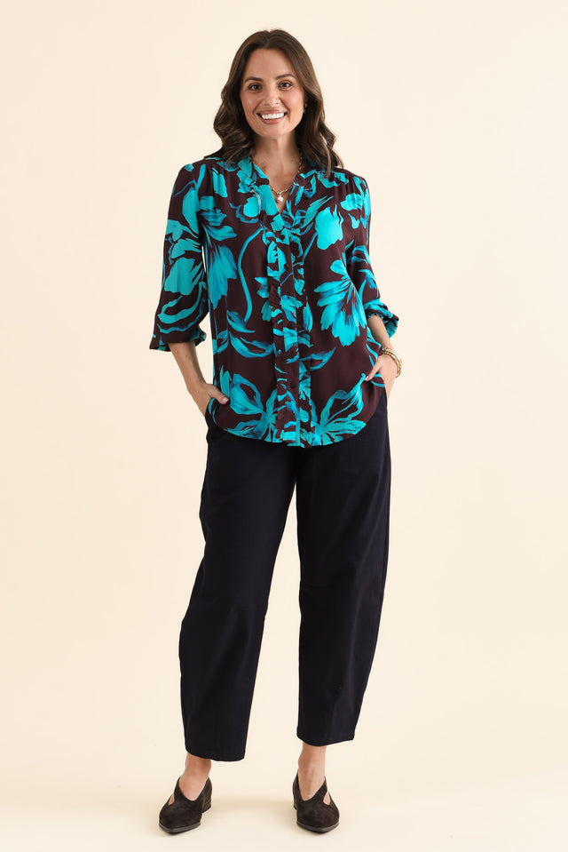 Myth Blue Floral Frill Blouse,brunette model,Full Outfit,alt text|model:MJ image 6