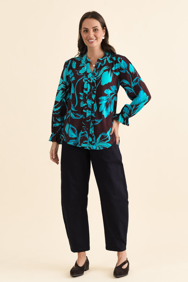 Myth Blue Floral Frill Blouse,brunette model,Full Outfit,alt text|model:MJ image 2