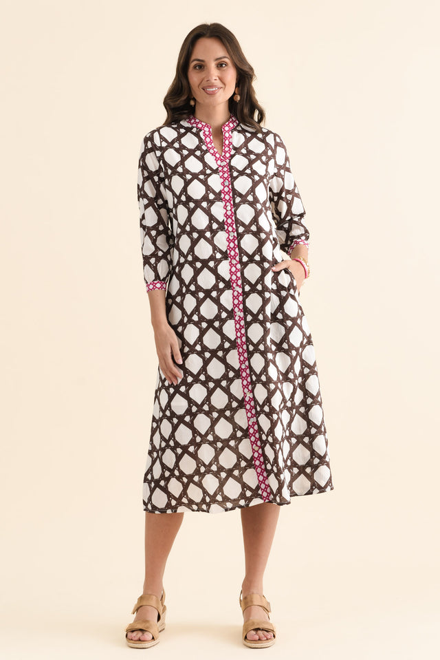 Nagala Chocolate Geo Cotton Tie Dress,brunette model,Front of Outfit,alt text|model:MJ image 1