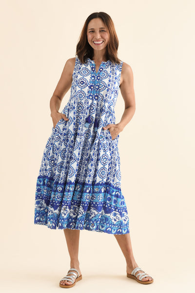Maro Blue Tile Cotton Sleeveless Dress