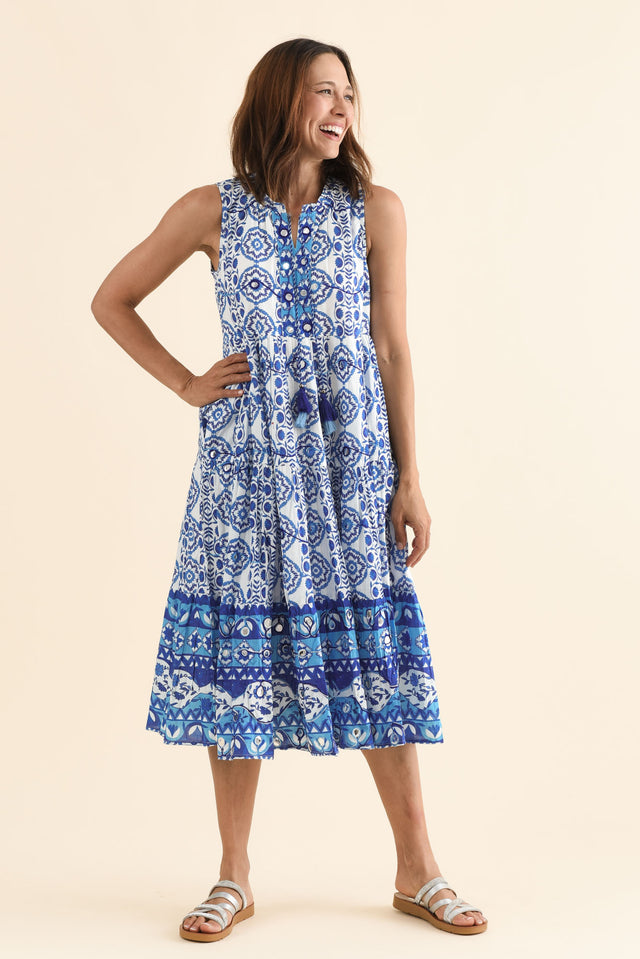 Maro Blue Tile Cotton Sleeveless Dress,Full Body,Brunette model,alt text|model:Cara