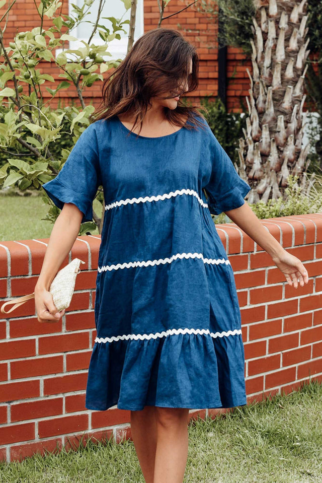 Nakia Navy Linen Tier Dress