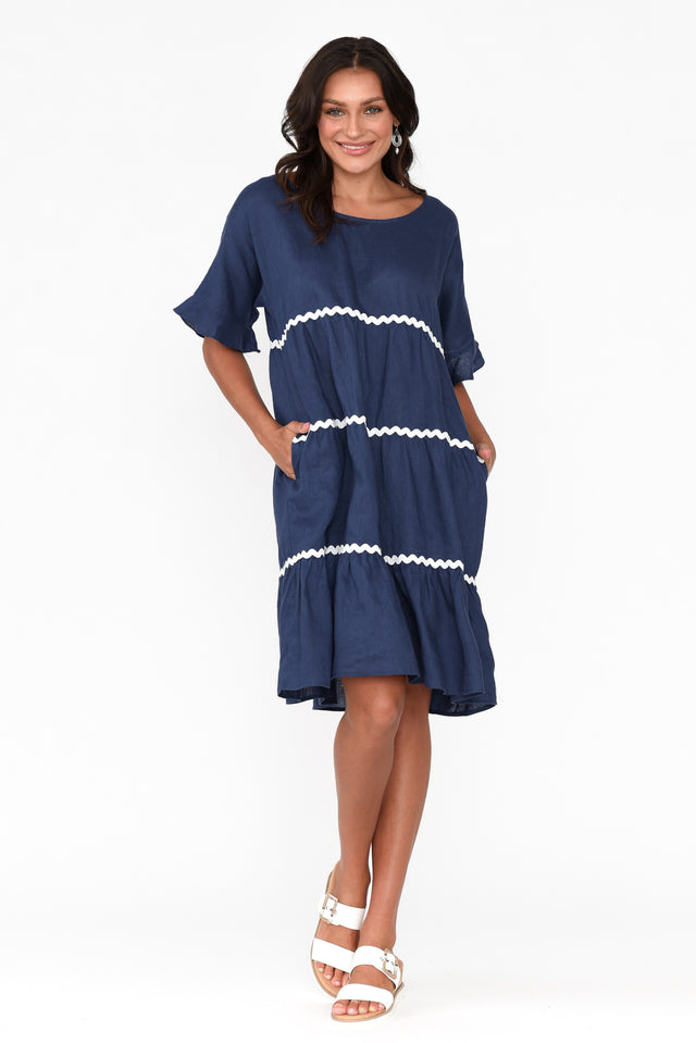 Nakia Navy Linen Tier Dress