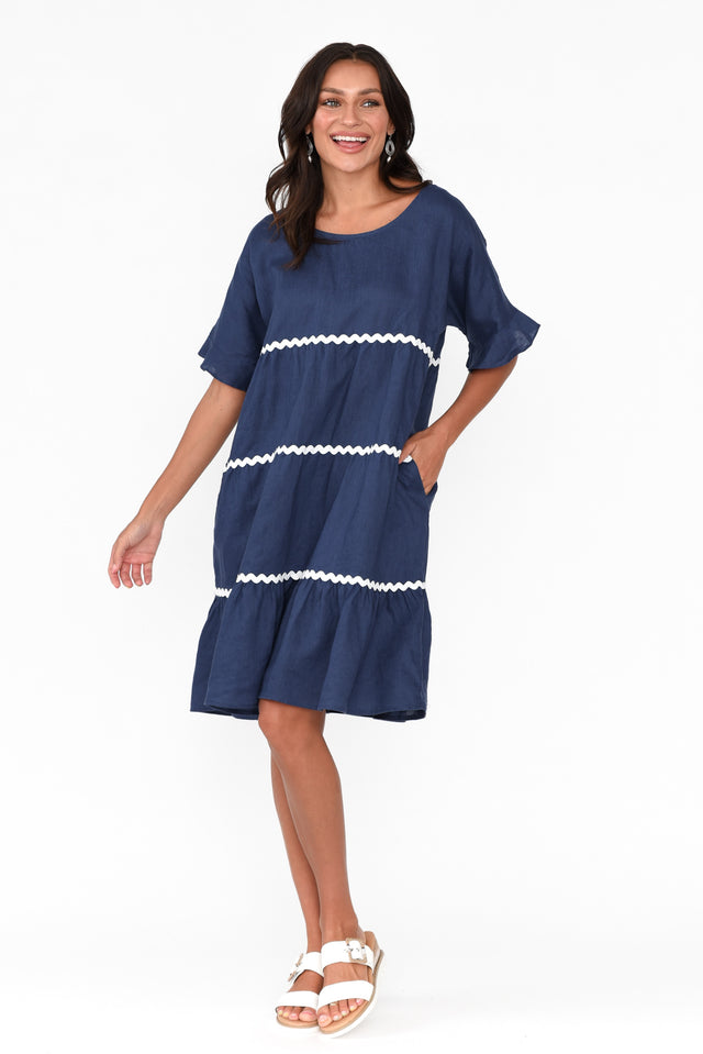 Nakia Navy Linen Tier Dress