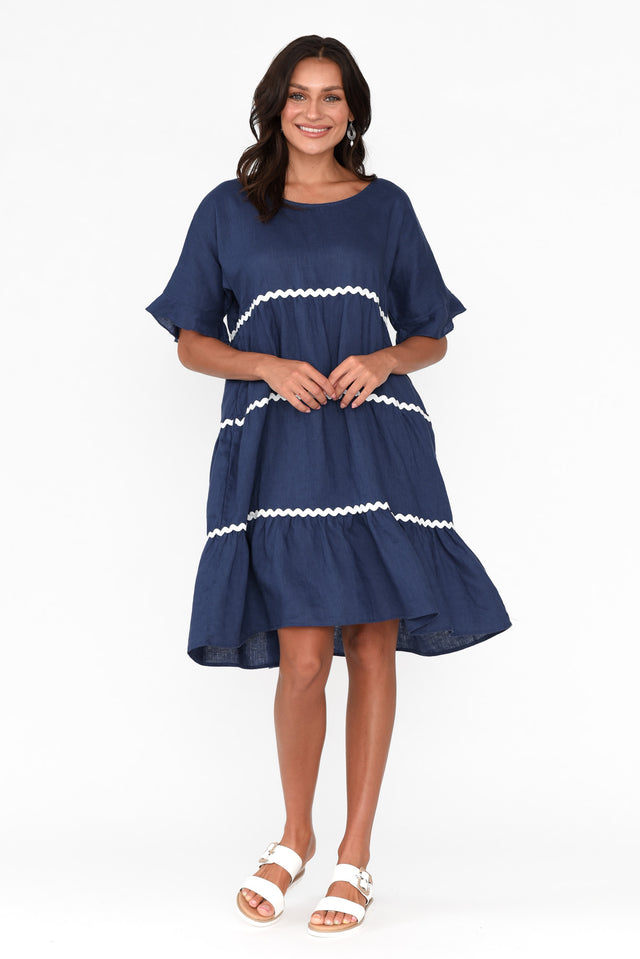 Nakia Navy Linen Tier Dress
