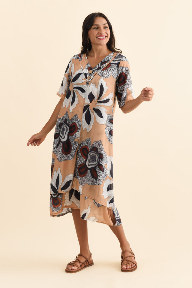 Nala Beige Flower Layers Dress,Brunette model,alt text|model:Brontie image 3