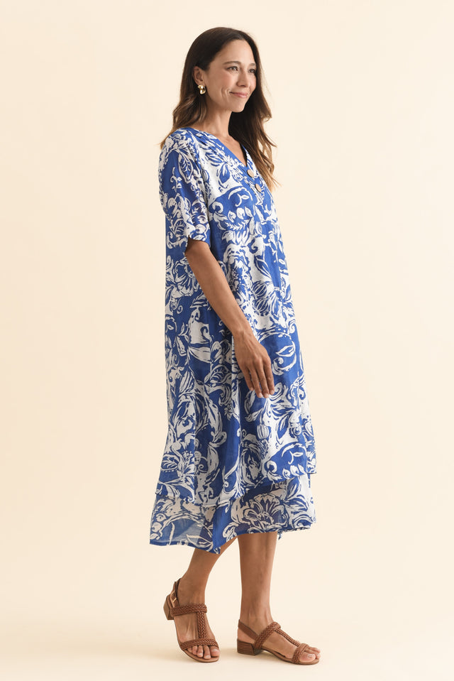 Nala Blue Abstract Layers Dress,Brunette model,alt text|model:Cara image 4