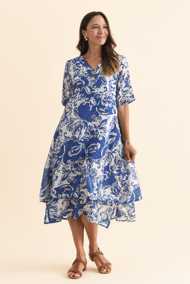 Nala Blue Abstract Layers Dress,Brunette model,alt text|model:Cara image 3