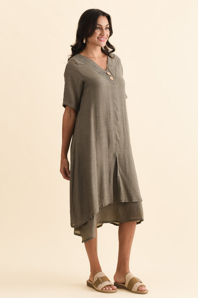 Nala Khaki Layers Dress,Brunette model,alt text|model:Brontie image 7