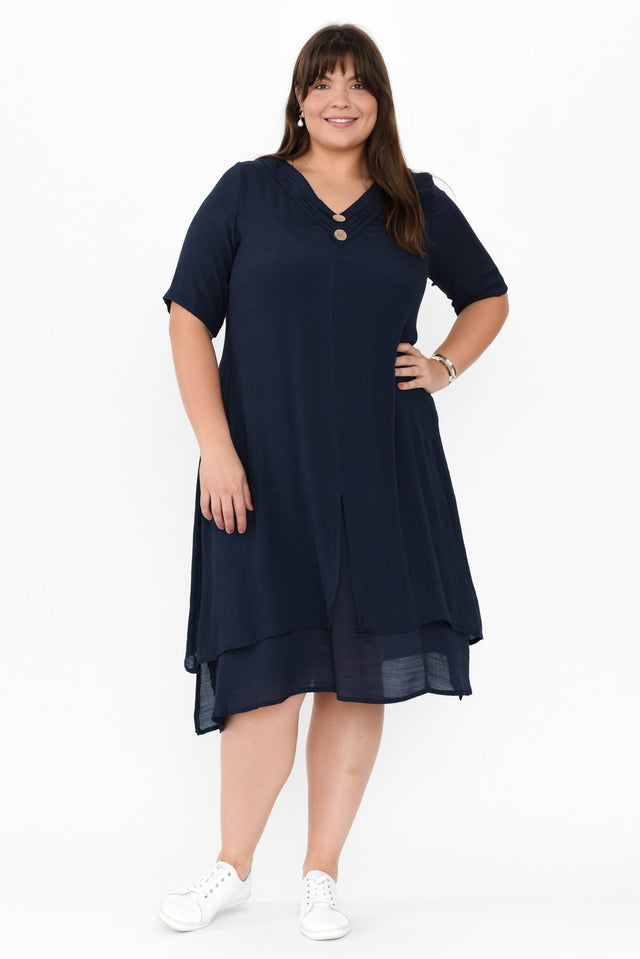 Nala Navy Layers Dress,Brunette model,plus-size,curve-dresses,plus-size-sleeved-dresses,plus-size-below-knee-dresses,plus-size-cotton-dresses,plus-size-summer-dresses,alt text|model:Gabby image 10