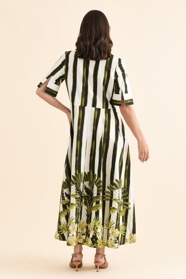 Nalani Green Stripe Palm Cotton Dress,Back,Brunette model,alt text|model:MJ image 4