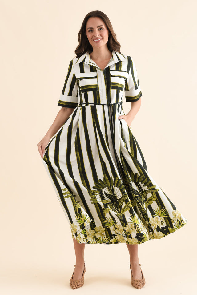 Nalani Green Stripe Palm Cotton Dress,Full Body,Brunette model,alt text|model:MJ image 6