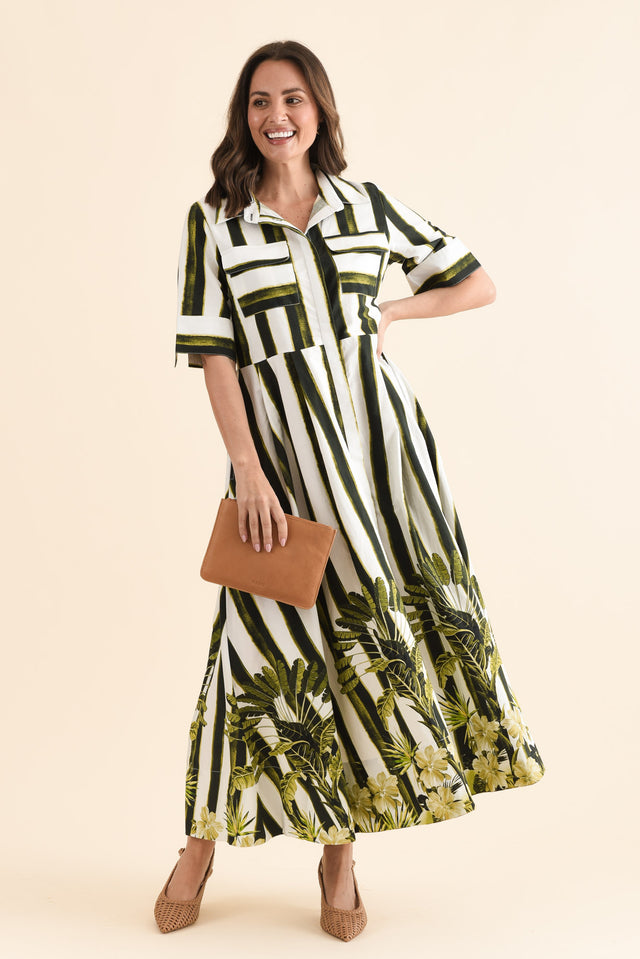Nalani Green Stripe Palm Cotton Dress,Front,Brunette model,alt text|model:MJ