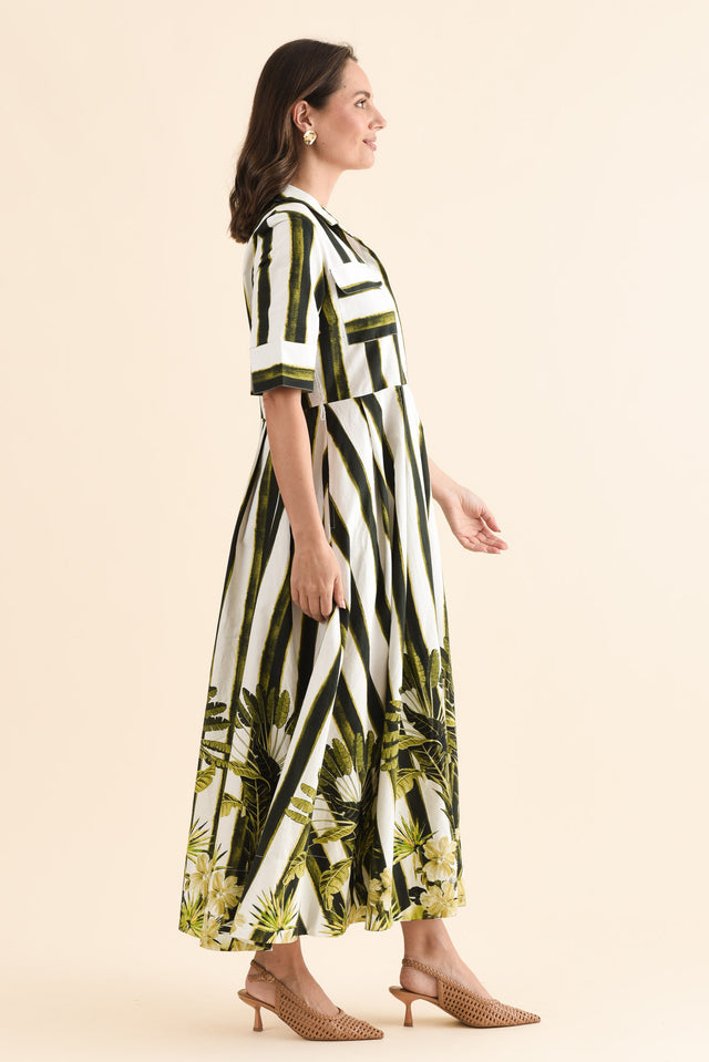 Nalani Green Stripe Palm Cotton Dress,Side,Brunette model,alt text|model:MJ image 3