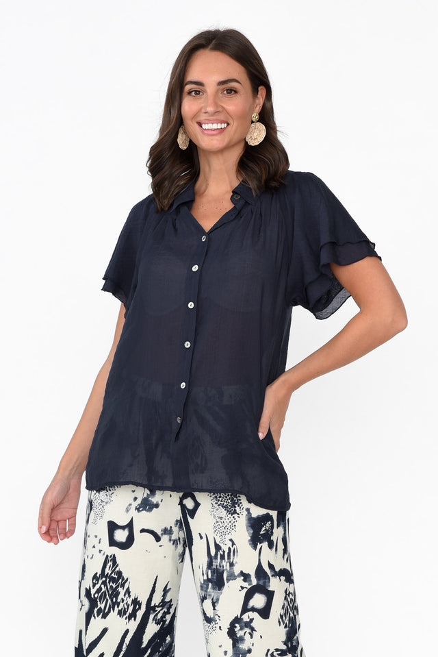 Nandi Navy Flutter Sleeve Blouse neckline_V Neck