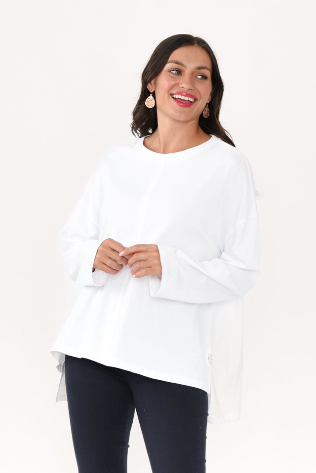 Naomi White Cotton Sweatshirt,Brunette model,alt text|model:Brontie