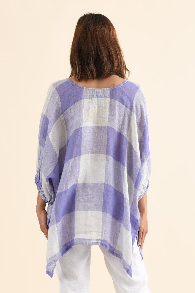 Nassau Blue Check Linen Top,Back,Brunette model,alt text|model:Cara image 4